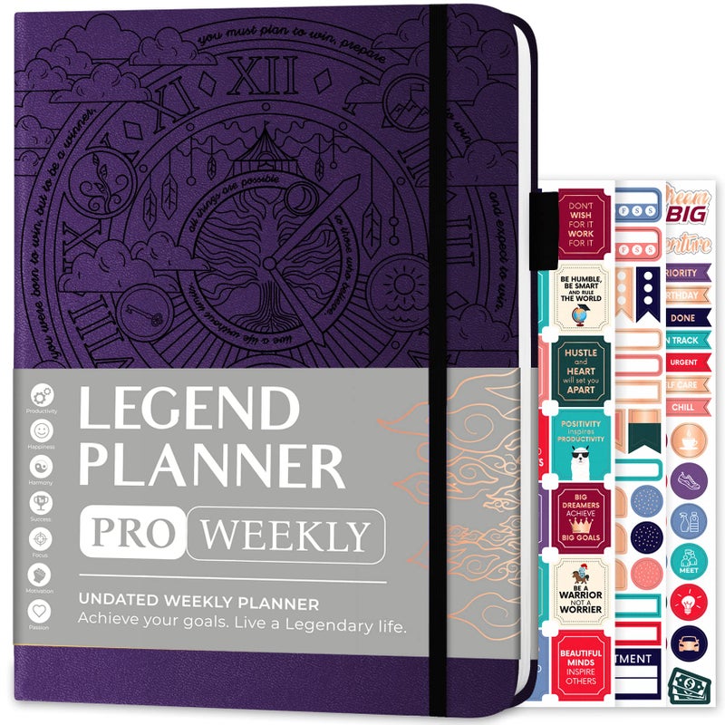 Legend Planner PRO â€“ Deluxe Weekly & Monthly Life Planner to Increase Productivity and Hit Your Goals. Time Management Organizer Notebook â€“ Undated â€“ 7 x 10" Hardcover + Stickers â€“ Dark Purple - Image 1